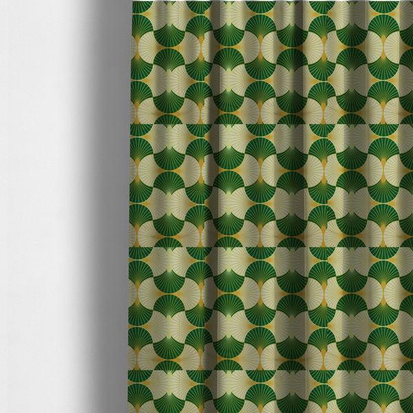 The fabric used to create these made-to-measure curtains has a vibrant, Art Deco-inspired pattern with a repeating fan or scalloped shell motif. The design is structured in interlocking rows, creating a continuous, rhythmic flow across the fabric.