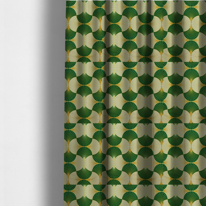 The fabric used to create these made-to-measure curtains has a vibrant, Art Deco-inspired pattern with a repeating fan or scalloped shell motif. The design is structured in interlocking rows, creating a continuous, rhythmic flow across the fabric.