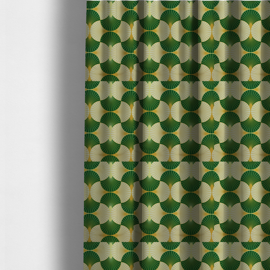 The fabric used to create these made-to-measure curtains has a vibrant, Art Deco-inspired pattern with a repeating fan or scalloped shell motif. The design is structured in interlocking rows, creating a continuous, rhythmic flow across the fabric.