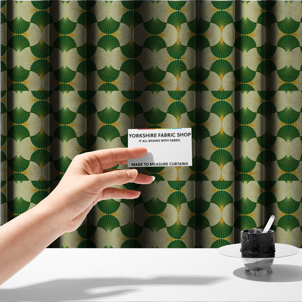 The fabric used to create these made-to-measure curtains has a vibrant, Art Deco-inspired pattern with a repeating fan or scalloped shell motif. The design is structured in interlocking rows, creating a continuous, rhythmic flow across the fabric.