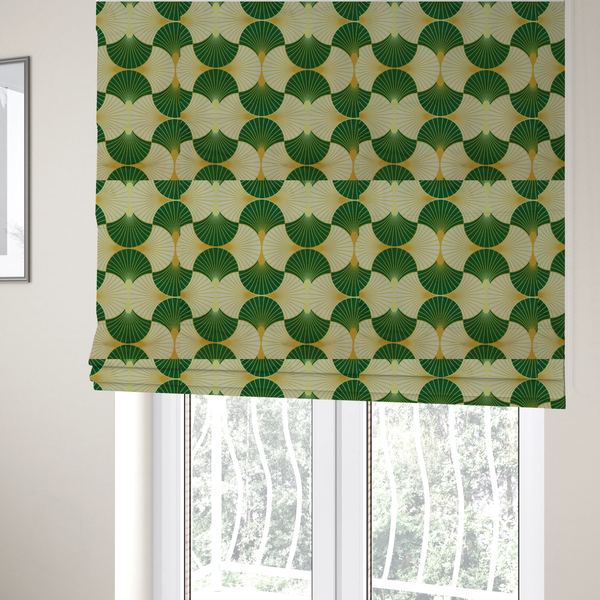 The fabric used to create these Roman blinds has a vibrant, Art Deco-inspired pattern with a repeating fan or scalloped shell motif. The design is structured in interlocking rows, creating a continuous, rhythmic flow across the fabric.