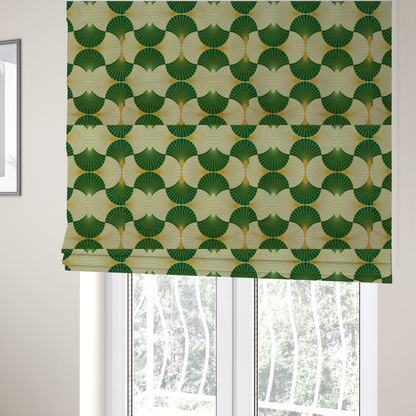 The fabric used to create these Roman blinds has a vibrant, Art Deco-inspired pattern with a repeating fan or scalloped shell motif. The design is structured in interlocking rows, creating a continuous, rhythmic flow across the fabric.
