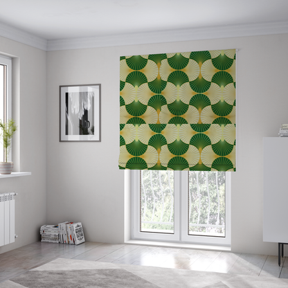 The fabric used to create these Roman blinds has a vibrant, Art Deco-inspired pattern with a repeating fan or scalloped shell motif. The design is structured in interlocking rows, creating a continuous, rhythmic flow across the fabric.