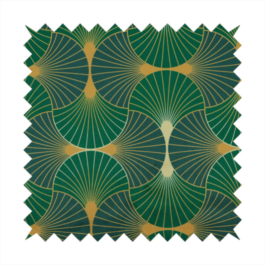 This fabric features a sophisticated Art Deco fan pattern in a moodier, more saturated colour palette than the previous version. The interlocking scallop design creates a dense, elegant texture suitable for high-end decor.