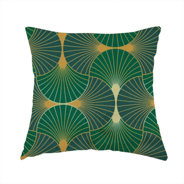 The fabric used to create this handmade cushion features a sophisticated Art Deco fan pattern in a moodier, more saturated colour palette than the previous version. The interlocking scallop design creates a dense, elegant texture suitable for high-end decor.