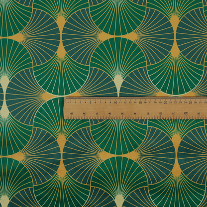 This fabric features a sophisticated Art Deco fan pattern in a moodier, more saturated colour palette than the previous version. The interlocking scallop design creates a dense, elegant texture suitable for high-end decor.