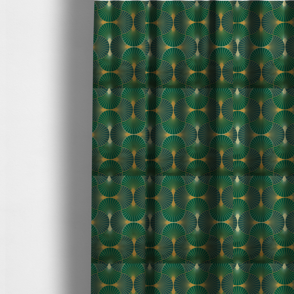 The fabric used to create these made-to-measure curtains, features a sophisticated Art Deco fan pattern in a moodier, more saturated colour palette than the previous version. The interlocking scallop design creates a dense, elegant texture suitable for high-end decor.