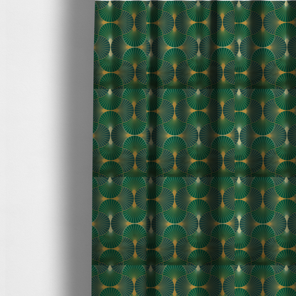 The fabric used to create these made-to-measure curtains, features a sophisticated Art Deco fan pattern in a moodier, more saturated colour palette than the previous version. The interlocking scallop design creates a dense, elegant texture suitable for high-end decor.