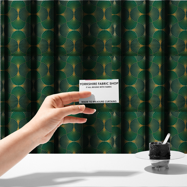 The fabric used to create these made-to-measure curtains, features a sophisticated Art Deco fan pattern in a moodier, more saturated colour palette than the previous version. The interlocking scallop design creates a dense, elegant texture suitable for high-end decor.