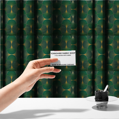 The fabric used to create these made-to-measure curtains, features a sophisticated Art Deco fan pattern in a moodier, more saturated colour palette than the previous version. The interlocking scallop design creates a dense, elegant texture suitable for high-end decor.