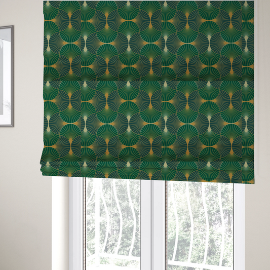 The fabric used to create these Roman blinds features a sophisticated Art Deco fan pattern in a moodier, more saturated colour palette than the previous version. The interlocking scallop design creates a dense, elegant texture suitable for high-end decor.