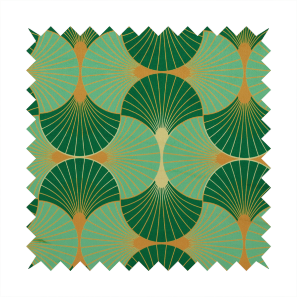 The DP-383-1 fabric features a sophisticated Art Deco design characterized by an interlocking scalloped fan motif that creates a rhythmic, geometric aesthetic. The pattern utilizes a balanced, tri-colour palette consisting of deep forest green for structured contrast, soft sage for a fresh and contemporary feel, and bright ochre to highlight the radiating lines and focal points.