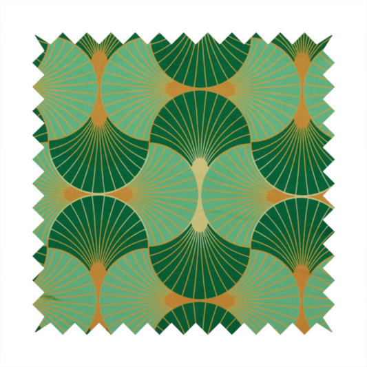 The DP-383-1 fabric features a sophisticated Art Deco design characterized by an interlocking scalloped fan motif that creates a rhythmic, geometric aesthetic. The pattern utilizes a balanced, tri-colour palette consisting of deep forest green for structured contrast, soft sage for a fresh and contemporary feel, and bright ochre to highlight the radiating lines and focal points.