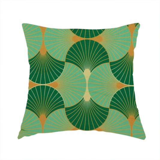 The fabric used to create this handmade cushion features a sophisticated Art Deco design characterized by an interlocking scalloped fan motif that creates a rhythmic, geometric aesthetic. The pattern utilizes a balanced, tri-colour palette consisting of deep forest green for structured contrast, soft sage for a fresh and contemporary feel, and bright ochre to highlight the radiating lines and focal points.