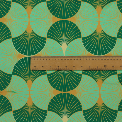 The DP-383-1 fabric features a sophisticated Art Deco design characterized by an interlocking scalloped fan motif that creates a rhythmic, geometric aesthetic. The pattern utilizes a balanced, tri-colour palette consisting of deep forest green for structured contrast, soft sage for a fresh and contemporary feel, and bright ochre to highlight the radiating lines and focal points.