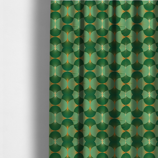 The fabric used to create these made-to-measure curtains, features a sophisticated Art Deco design characterized by an interlocking scalloped fan motif that creates a rhythmic, geometric aesthetic. The pattern utilizes a balanced, tri-colour palette consisting of deep forest green for structured contrast, soft sage for a fresh and contemporary feel, and bright ochre to highlight the radiating lines and focal points.