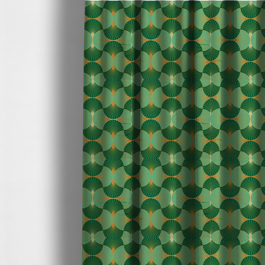 The fabric used to create these made-to-measure curtains, features a sophisticated Art Deco design characterized by an interlocking scalloped fan motif that creates a rhythmic, geometric aesthetic. The pattern utilizes a balanced, tri-colour palette consisting of deep forest green for structured contrast, soft sage for a fresh and contemporary feel, and bright ochre to highlight the radiating lines and focal points.