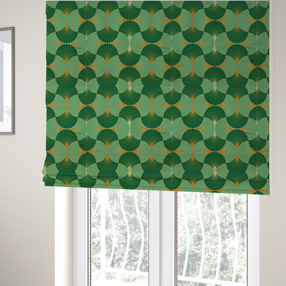 The fabric used to create these Roman blinds features a sophisticated Art Deco design characterized by an interlocking scalloped fan motif that creates a rhythmic, geometric aesthetic. The pattern utilizes a balanced, tri-colour palette consisting of deep forest green for structured contrast, soft sage for a fresh and contemporary feel, and bright ochre to highlight the radiating lines and focal points.