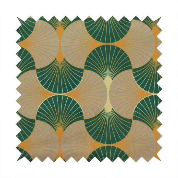 The DP-384-1 fabric showcases a sophisticated Art Deco aesthetic through a rhythmic, interlocking scalloped fan motif. This geometric pattern features a balanced, three-tone colour scheme: deep forest green provides bold structure, a warm taupe or sand neutral adds earthy softness, and muted gold accents highlight the radiating lines and central focal points. 
