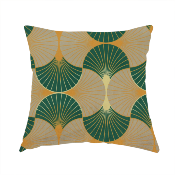 The fabric used to create this handmade cushion showcases a sophisticated Art Deco aesthetic through a rhythmic, interlocking scalloped fan motif. This geometric pattern features a balanced, three-tone colour scheme: deep forest green provides bold structure, a warm taupe or sand neutral adds earthy softness, and muted gold accents highlight the radiating lines and central focal points.