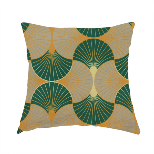 The fabric used to create this handmade cushion showcases a sophisticated Art Deco aesthetic through a rhythmic, interlocking scalloped fan motif. This geometric pattern features a balanced, three-tone colour scheme: deep forest green provides bold structure, a warm taupe or sand neutral adds earthy softness, and muted gold accents highlight the radiating lines and central focal points.
