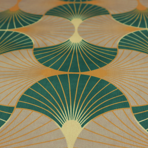 The DP-384-1 fabric showcases a sophisticated Art Deco aesthetic through a rhythmic, interlocking scalloped fan motif. This geometric pattern features a balanced, three-tone colour scheme: deep forest green provides bold structure, a warm taupe or sand neutral adds earthy softness, and muted gold accents highlight the radiating lines and central focal points. 