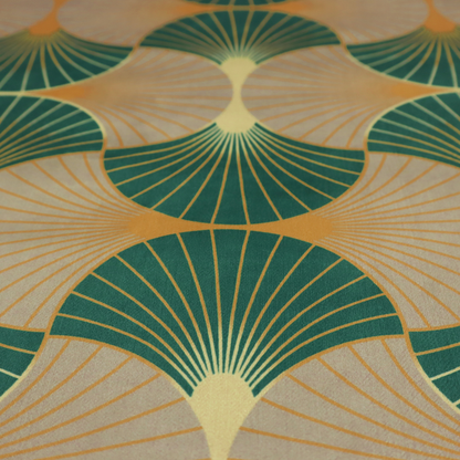The DP-384-1 fabric showcases a sophisticated Art Deco aesthetic through a rhythmic, interlocking scalloped fan motif. This geometric pattern features a balanced, three-tone colour scheme: deep forest green provides bold structure, a warm taupe or sand neutral adds earthy softness, and muted gold accents highlight the radiating lines and central focal points. 