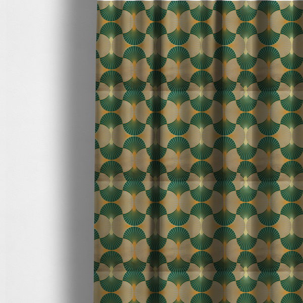 The fabric used to create these made-to-measure curtains showcases a sophisticated Art Deco aesthetic through a rhythmic, interlocking scalloped fan motif. This geometric pattern features a balanced, three-tone colour scheme: deep forest green provides bold structure, a warm taupe or sand neutral adds earthy softness, and muted gold accents highlight the radiating lines and central focal points.