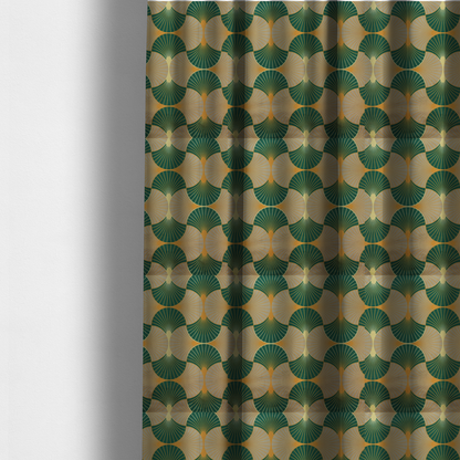 The fabric used to create these made-to-measure curtains showcases a sophisticated Art Deco aesthetic through a rhythmic, interlocking scalloped fan motif. This geometric pattern features a balanced, three-tone colour scheme: deep forest green provides bold structure, a warm taupe or sand neutral adds earthy softness, and muted gold accents highlight the radiating lines and central focal points.
