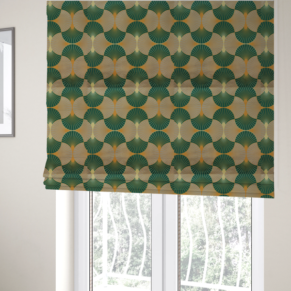 The fabric used to create these Roman blinds showcases a sophisticated Art Deco aesthetic through a rhythmic, interlocking scalloped fan motif. This geometric pattern features a balanced, three-tone colour scheme: deep forest green provides bold structure, a warm taupe or sand neutral adds earthy softness, and muted gold accents highlight the radiating lines and central focal points.