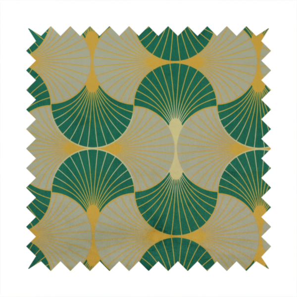 The DP-385-1 fabric presents a sophisticated Art Deco aesthetic featuring an interlocking scalloped fan motif that creates a rhythmic, architectural symmetry across the textile. This specific variation utilizes a refined colour palette of deep emerald green, cool slate grey, and warm ochre. The pattern is composed of alternating shells where thin lines radiate from golden central points, set against a subtle cream background that peeks through at the base of each fan.