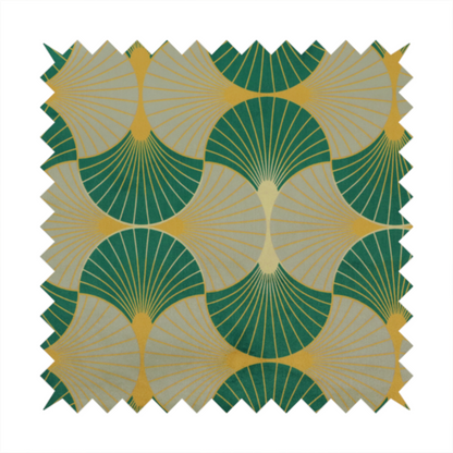 The DP-385-1 fabric presents a sophisticated Art Deco aesthetic featuring an interlocking scalloped fan motif that creates a rhythmic, architectural symmetry across the textile. This specific variation utilizes a refined colour palette of deep emerald green, cool slate grey, and warm ochre. The pattern is composed of alternating shells where thin lines radiate from golden central points, set against a subtle cream background that peeks through at the base of each fan.
