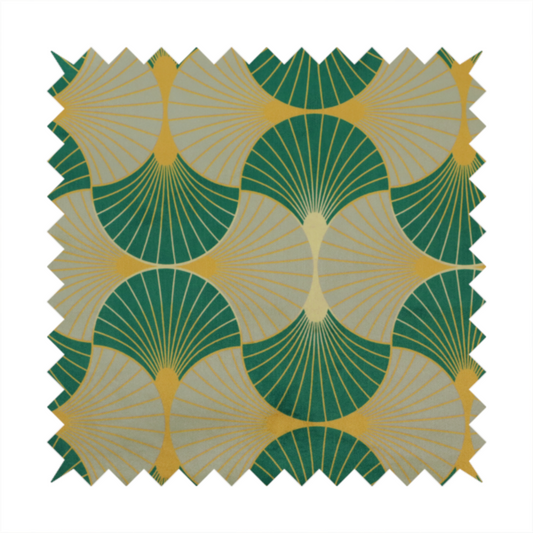 The DP-385-1 fabric presents a sophisticated Art Deco aesthetic featuring an interlocking scalloped fan motif that creates a rhythmic, architectural symmetry across the textile. This specific variation utilizes a refined colour palette of deep emerald green, cool slate grey, and warm ochre. The pattern is composed of alternating shells where thin lines radiate from golden central points, set against a subtle cream background that peeks through at the base of each fan.