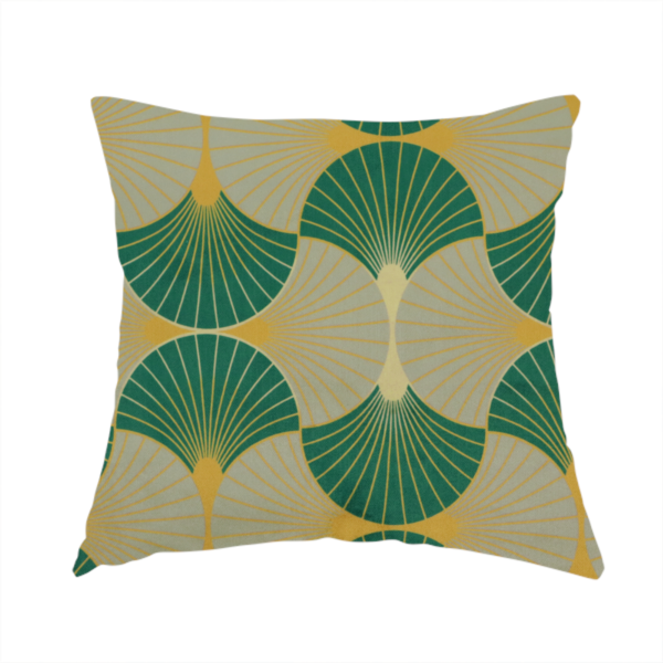 The fabric used to create this handmade cushion presents a sophisticated Art Deco aesthetic featuring an interlocking scalloped fan motif that creates a rhythmic, architectural symmetry across the textile. This specific variation utilizes a refined colour palette of deep emerald green, cool slate grey, and warm ochre. The pattern is composed of alternating shells where thin lines radiate from golden central points, set against a subtle cream background that peeks through at the base of each fan.