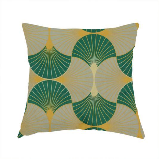 The fabric used to create this handmade cushion presents a sophisticated Art Deco aesthetic featuring an interlocking scalloped fan motif that creates a rhythmic, architectural symmetry across the textile. This specific variation utilizes a refined colour palette of deep emerald green, cool slate grey, and warm ochre. The pattern is composed of alternating shells where thin lines radiate from golden central points, set against a subtle cream background that peeks through at the base of each fan.