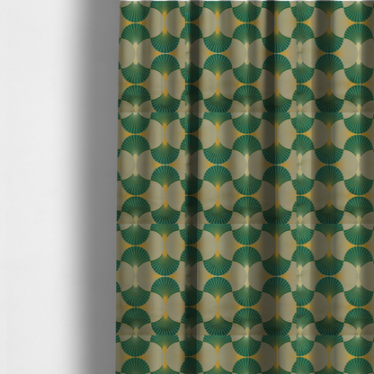 The fabric used to create these made-to-measure curtains, presents a sophisticated Art Deco aesthetic featuring an interlocking scalloped fan motif that creates a rhythmic, architectural symmetry across the textile. This specific variation utilizes a refined colour palette of deep emerald green, cool slate grey, and warm ochre. The pattern is composed of alternating shells where thin lines radiate from golden central points, set against a subtle cream background that peeks through at the base of each fan.