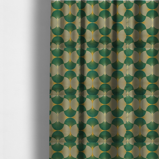 The fabric used to create these made-to-measure curtains, presents a sophisticated Art Deco aesthetic featuring an interlocking scalloped fan motif that creates a rhythmic, architectural symmetry across the textile. This specific variation utilizes a refined colour palette of deep emerald green, cool slate grey, and warm ochre. The pattern is composed of alternating shells where thin lines radiate from golden central points, set against a subtle cream background that peeks through at the base of each fan.