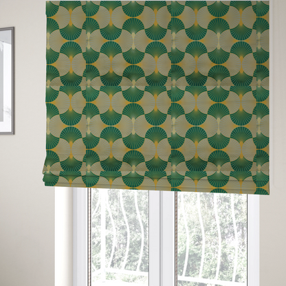 The fabric used to create these Roman blinds presents a sophisticated Art Deco aesthetic featuring an interlocking scalloped fan motif that creates a rhythmic, architectural symmetry across the textile. This specific variation utilizes a refined colour palette of deep emerald green, cool slate grey, and warm ochre. The pattern is composed of alternating shells where thin lines radiate from golden central points, set against a subtle cream background that peeks through at the base of each fan.