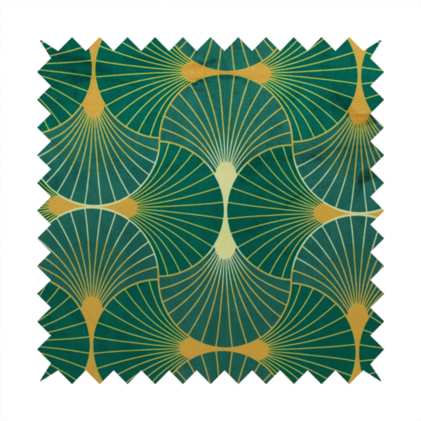 The DP-386-1 fabric showcases a classic Art Deco aesthetic with a repeating, interlocking scalloped fan motif that creates a rhythmic "fish scale" layout. This design features a rich, dual-tone colour scheme of deep emerald green and saturated teal, accented by thin, radiating lines in bright ochre. The symmetrical arrangement of the fans, coupled with the jewel-toned palette, evokes a sense of 1920s luxury and architectural elegance, making it a bold statement piece for sophisticated interior decor.