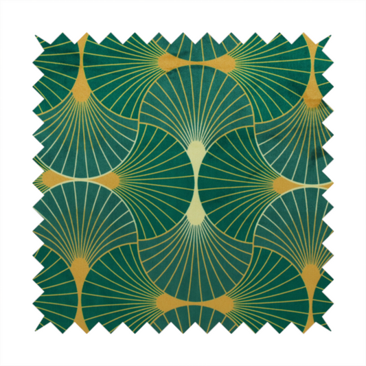The DP-386-1 fabric showcases a classic Art Deco aesthetic with a repeating, interlocking scalloped fan motif that creates a rhythmic "fish scale" layout. This design features a rich, dual-tone colour scheme of deep emerald green and saturated teal, accented by thin, radiating lines in bright ochre. The symmetrical arrangement of the fans, coupled with the jewel-toned palette, evokes a sense of 1920s luxury and architectural elegance, making it a bold statement piece for sophisticated interior decor.