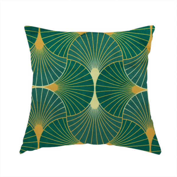 The fabric used to create this handmade cushion showcases a classic Art Deco aesthetic with a repeating, interlocking scalloped fan motif that creates a rhythmic "fish scale" layout. This design features a rich, dual-tone colour scheme of deep emerald green and saturated teal, accented by thin, radiating lines in bright ochre.