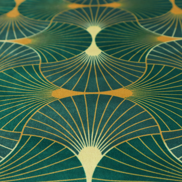 The DP-386-1 fabric showcases a classic Art Deco aesthetic with a repeating, interlocking scalloped fan motif that creates a rhythmic "fish scale" layout. This design features a rich, dual-tone colour scheme of deep emerald green and saturated teal, accented by thin, radiating lines in bright ochre. The symmetrical arrangement of the fans, coupled with the jewel-toned palette, evokes a sense of 1920s luxury and architectural elegance, making it a bold statement piece for sophisticated interior decor.
