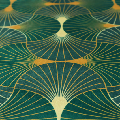 The DP-386-1 fabric showcases a classic Art Deco aesthetic with a repeating, interlocking scalloped fan motif that creates a rhythmic "fish scale" layout. This design features a rich, dual-tone colour scheme of deep emerald green and saturated teal, accented by thin, radiating lines in bright ochre. The symmetrical arrangement of the fans, coupled with the jewel-toned palette, evokes a sense of 1920s luxury and architectural elegance, making it a bold statement piece for sophisticated interior decor.