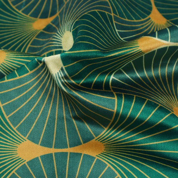 The DP-386-1 fabric showcases a classic Art Deco aesthetic with a repeating, interlocking scalloped fan motif that creates a rhythmic "fish scale" layout. This design features a rich, dual-tone colour scheme of deep emerald green and saturated teal, accented by thin, radiating lines in bright ochre. The symmetrical arrangement of the fans, coupled with the jewel-toned palette, evokes a sense of 1920s luxury and architectural elegance, making it a bold statement piece for sophisticated interior decor.
