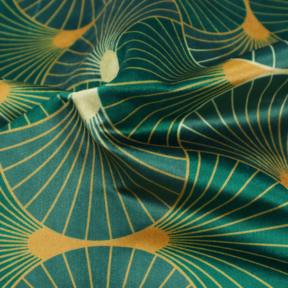 The DP-386-1 fabric showcases a classic Art Deco aesthetic with a repeating, interlocking scalloped fan motif that creates a rhythmic "fish scale" layout. This design features a rich, dual-tone colour scheme of deep emerald green and saturated teal, accented by thin, radiating lines in bright ochre. The symmetrical arrangement of the fans, coupled with the jewel-toned palette, evokes a sense of 1920s luxury and architectural elegance, making it a bold statement piece for sophisticated interior decor.