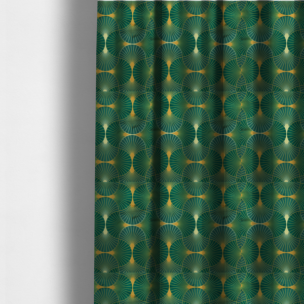 The fabric used to create these made-to-measure curtains showcases a classic Art Deco aesthetic with a repeating, interlocking scalloped fan motif that creates a rhythmic "fish scale" layout. This design features a rich, dual-tone colour scheme of deep emerald green and saturated teal, accented by thin, radiating lines in bright ochre.