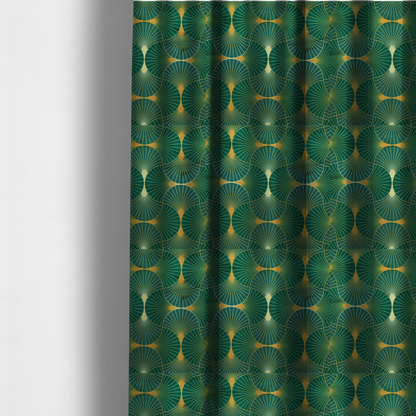 The fabric used to create these made-to-measure curtains showcases a classic Art Deco aesthetic with a repeating, interlocking scalloped fan motif that creates a rhythmic "fish scale" layout. This design features a rich, dual-tone colour scheme of deep emerald green and saturated teal, accented by thin, radiating lines in bright ochre.