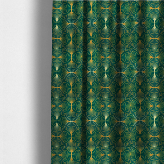 The fabric used to create these made-to-measure curtains showcases a classic Art Deco aesthetic with a repeating, interlocking scalloped fan motif that creates a rhythmic "fish scale" layout. This design features a rich, dual-tone colour scheme of deep emerald green and saturated teal, accented by thin, radiating lines in bright ochre.