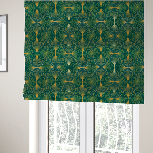 The fabric used to create these Roman blinds showcases a classic Art Deco aesthetic with a repeating, interlocking scalloped fan motif that creates a rhythmic "fish scale" layout. This design features a rich, dual-tone colour scheme of deep emerald green and saturated teal, accented by thin, radiating lines in bright ochre. 