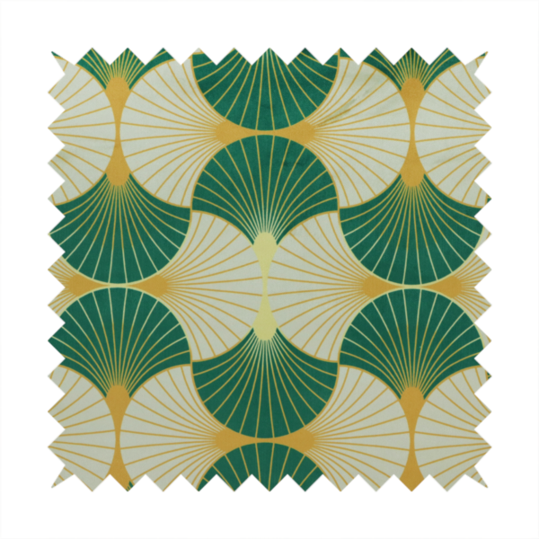 This fabric features a cohesive Art Deco-inspired print, showcasing a rhythmic, interlocking scalloped fan motif that evokes the architectural elegance of the 1920s. Each variation uses a "fish scale" layout with thin lines radiating from golden-orange focal points, but offers a distinct mood through its specific colour story.